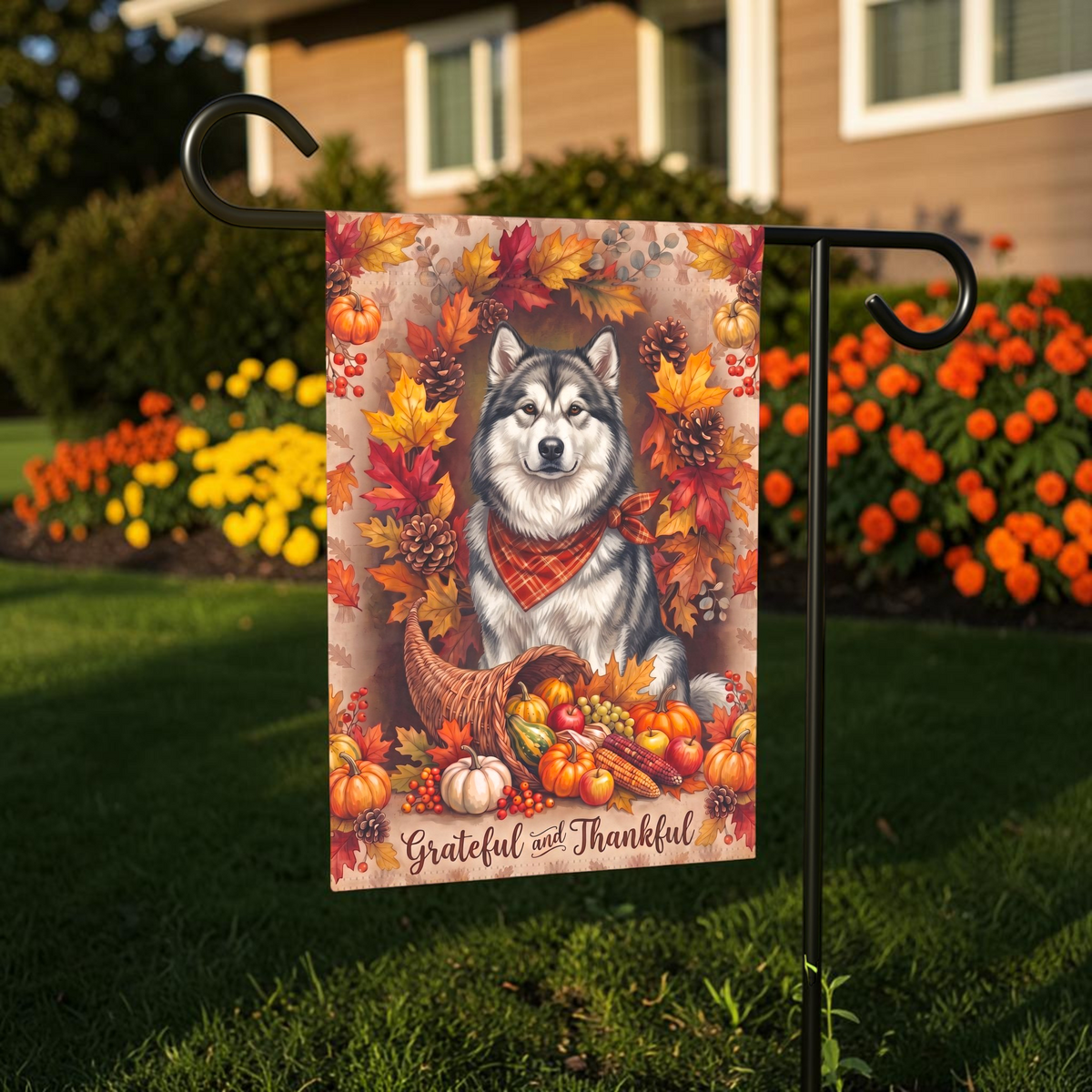 Grateful And Thankful Alaskan Malamute Thanksgiving Garden Flag Double Sided