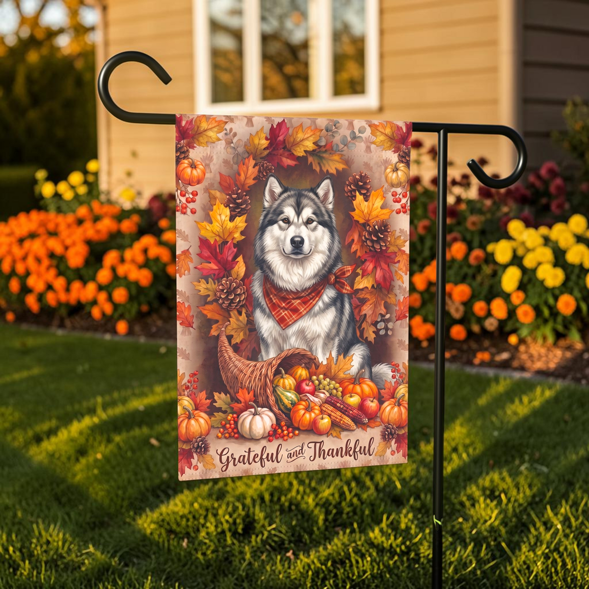 Grateful And Thankful Alaskan Malamute Thanksgiving Garden Flag Double Sided