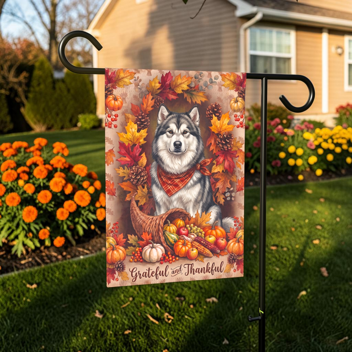 Grateful And Thankful Alaskan Malamute Thanksgiving Garden Flag Double Sided