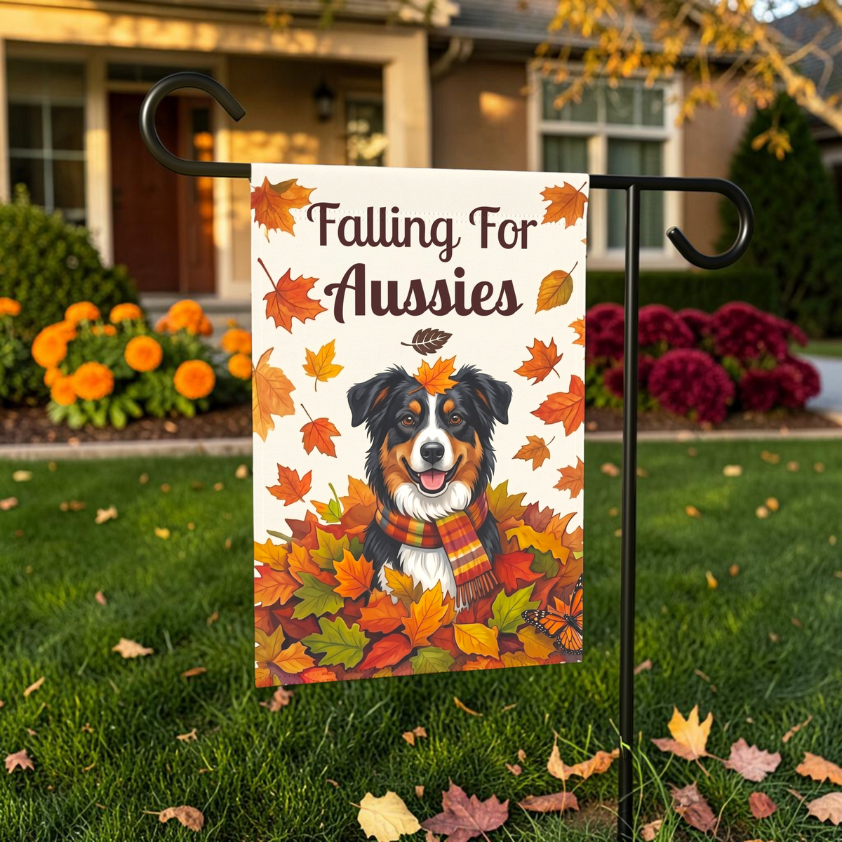 Falling For Aussies Black Tri Colored Australian Shepherd Garden Flag