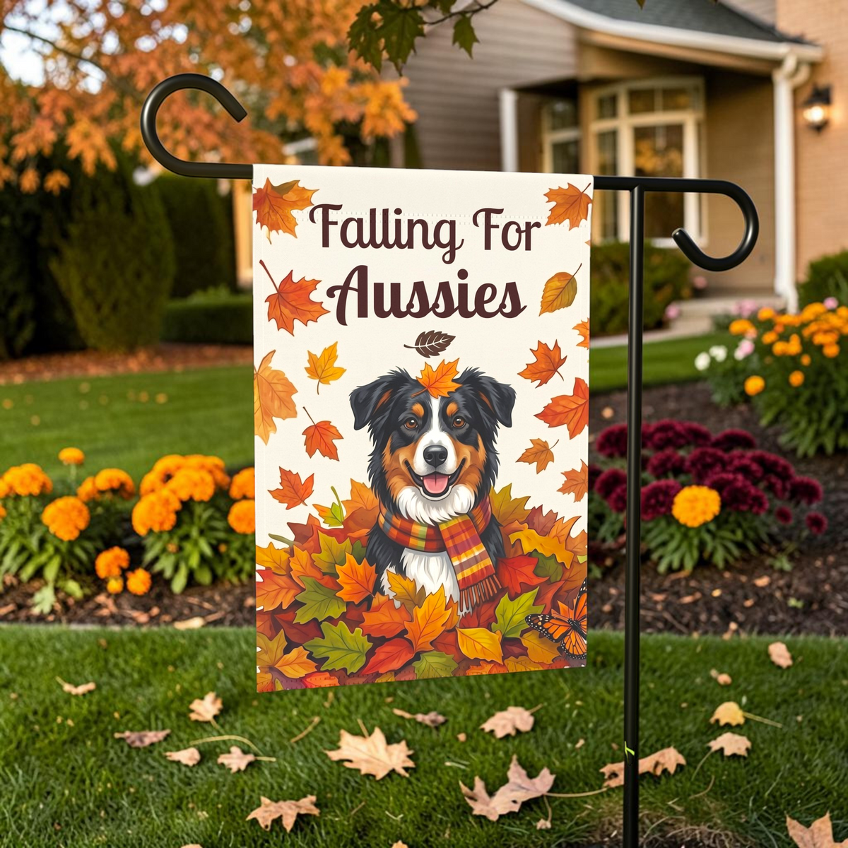 Falling For Aussies Black Tri Colored Australian Shepherd Garden Flag