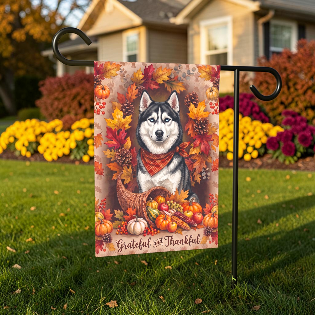 Grateful and Thankful Siberian Husky Thanksgiving Garden Flag Double Sided