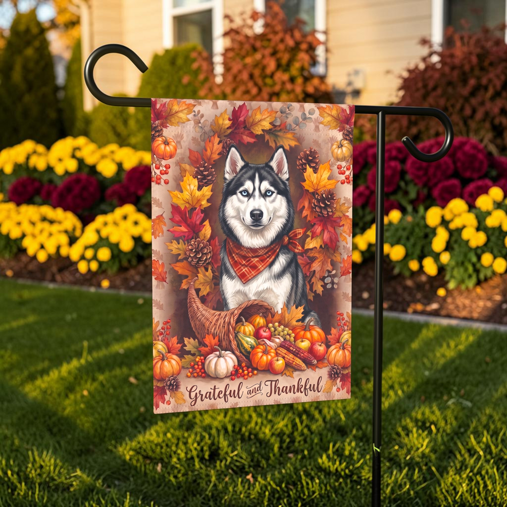 Grateful and Thankful Siberian Husky Thanksgiving Garden Flag Double Sided