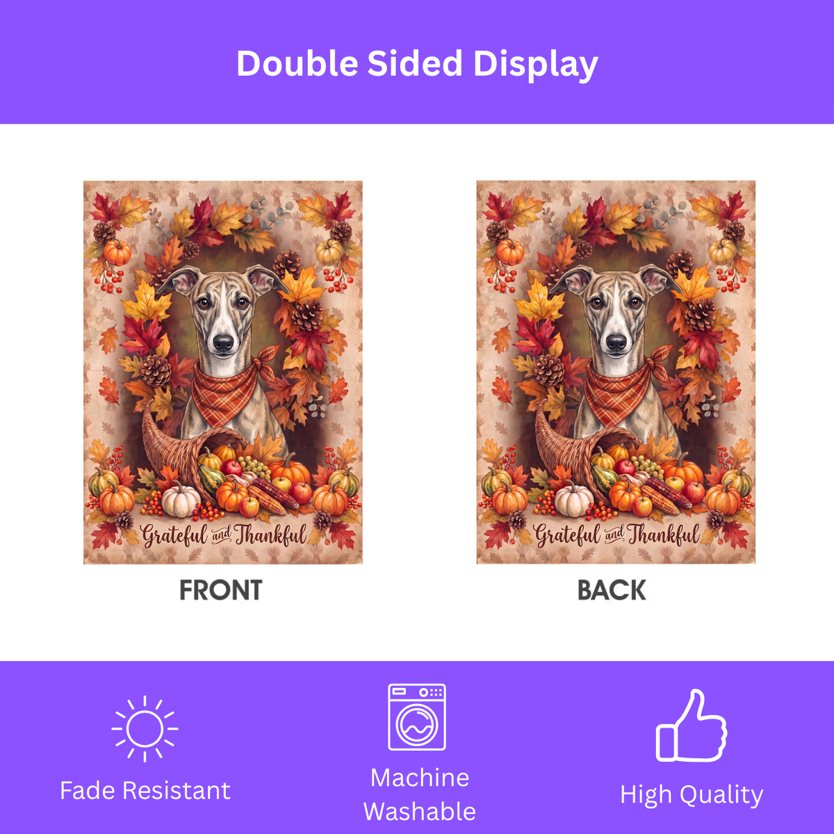 Grateful And Thankful Whippet Thanksgiving Garden Flag Double Sided 12x18 24x32