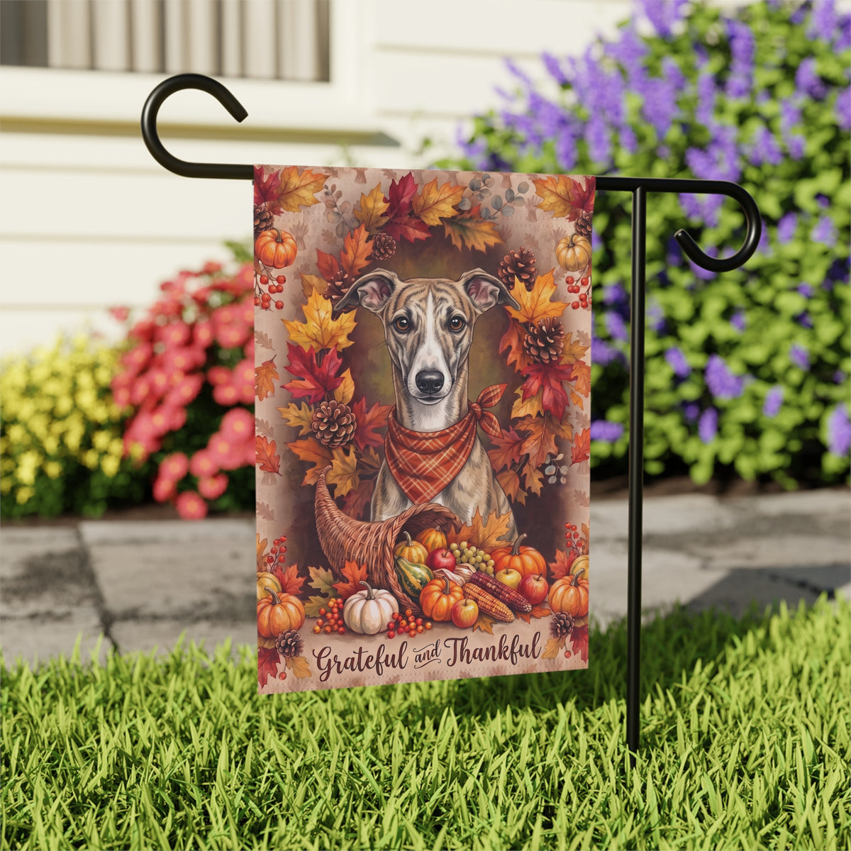 Grateful And Thankful Whippet Thanksgiving Garden Flag Double Sided 12x18 24x32