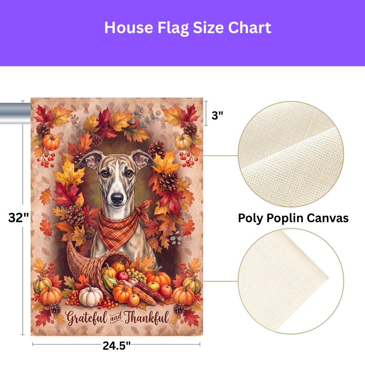 Grateful And Thankful Whippet Thanksgiving Garden Flag Double Sided 12x18 24x32