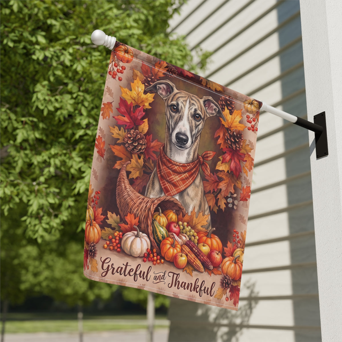 Grateful And Thankful Whippet Thanksgiving Garden Flag Double Sided 12x18 24x32
