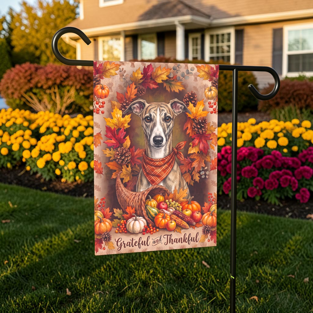 Grateful And Thankful Whippet Thanksgiving Garden Flag Double Sided 12x18 24x32