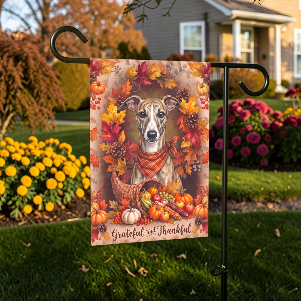Grateful And Thankful Whippet Thanksgiving Garden Flag Double Sided 12x18 24x32
