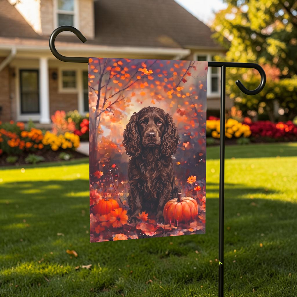 Fall American Water Spaniel With Pumpkins Autumn Garden Flag Double Sided