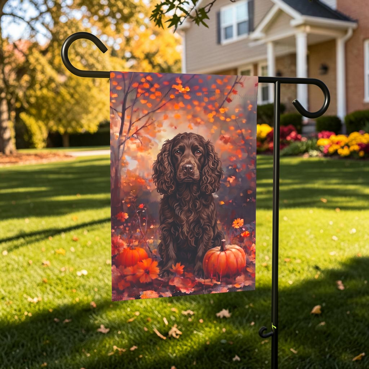 Fall American Water Spaniel With Pumpkins Autumn Garden Flag Double Sided