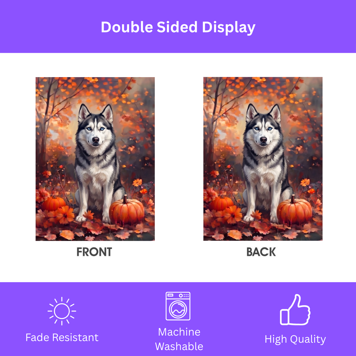 Fall Siberian Husky With Pumpkins Autumn Garden Flag Double Sided 12x18 24x32