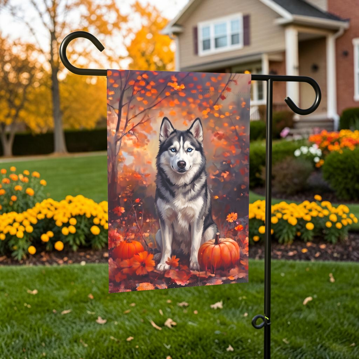 Fall Siberian Husky With Pumpkins Autumn Garden Flag Double Sided 12x18 24x32