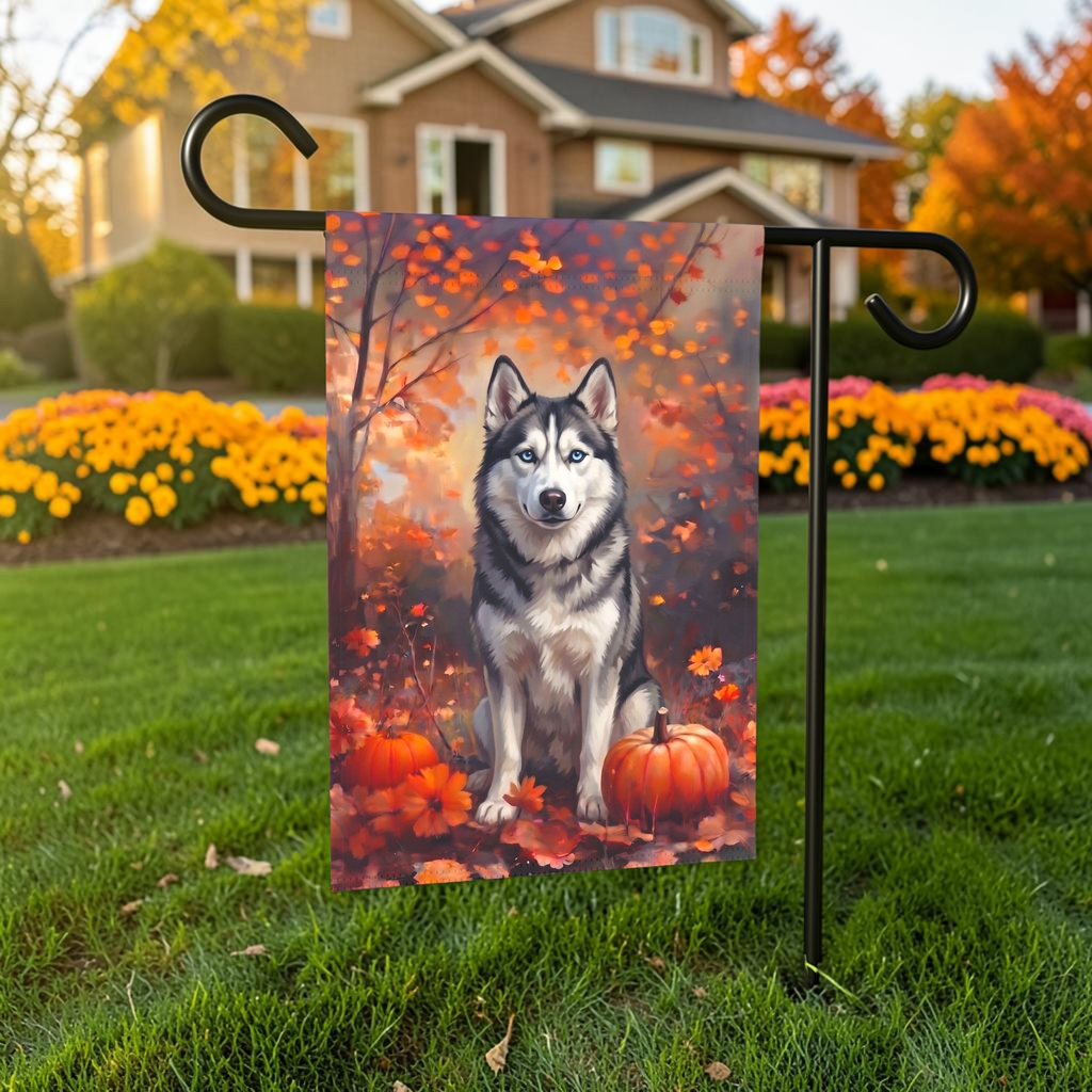 Fall Siberian Husky With Pumpkins Autumn Garden Flag Double Sided 12x18 24x32