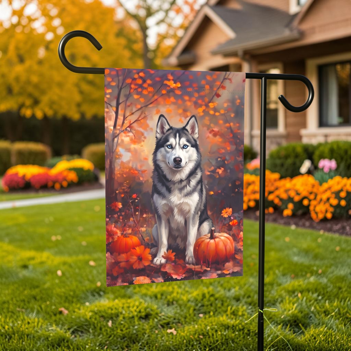 Fall Siberian Husky With Pumpkins Autumn Garden Flag Double Sided 12x18 24x32