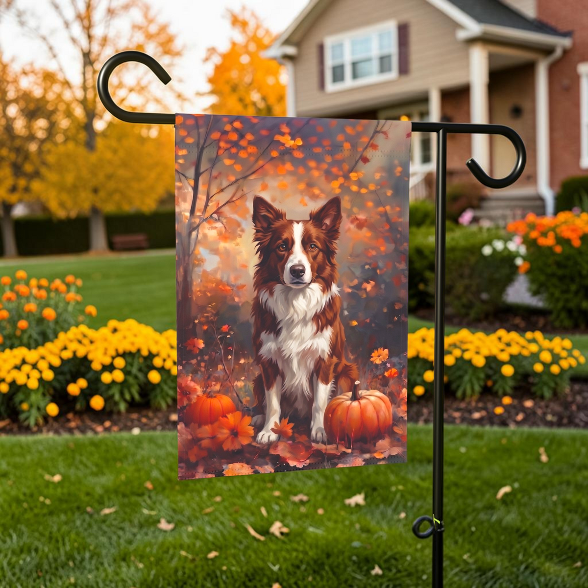 Fall Red And White Border Collie Autumn Garden Flag Double Sided 12x18 24x32