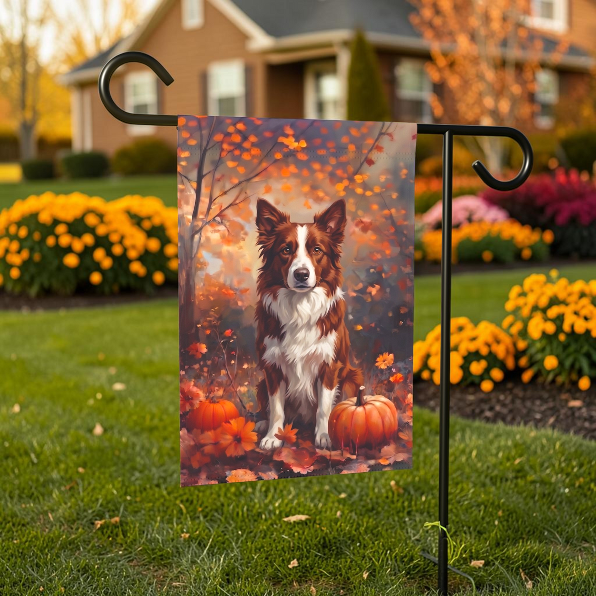 Fall Red And White Border Collie Autumn Garden Flag Double Sided 12x18 24x32