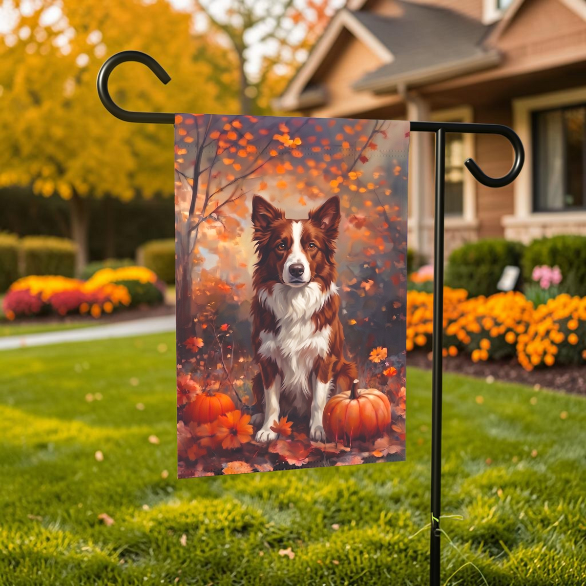 Fall Red And White Border Collie Autumn Garden Flag Double Sided 12x18 24x32