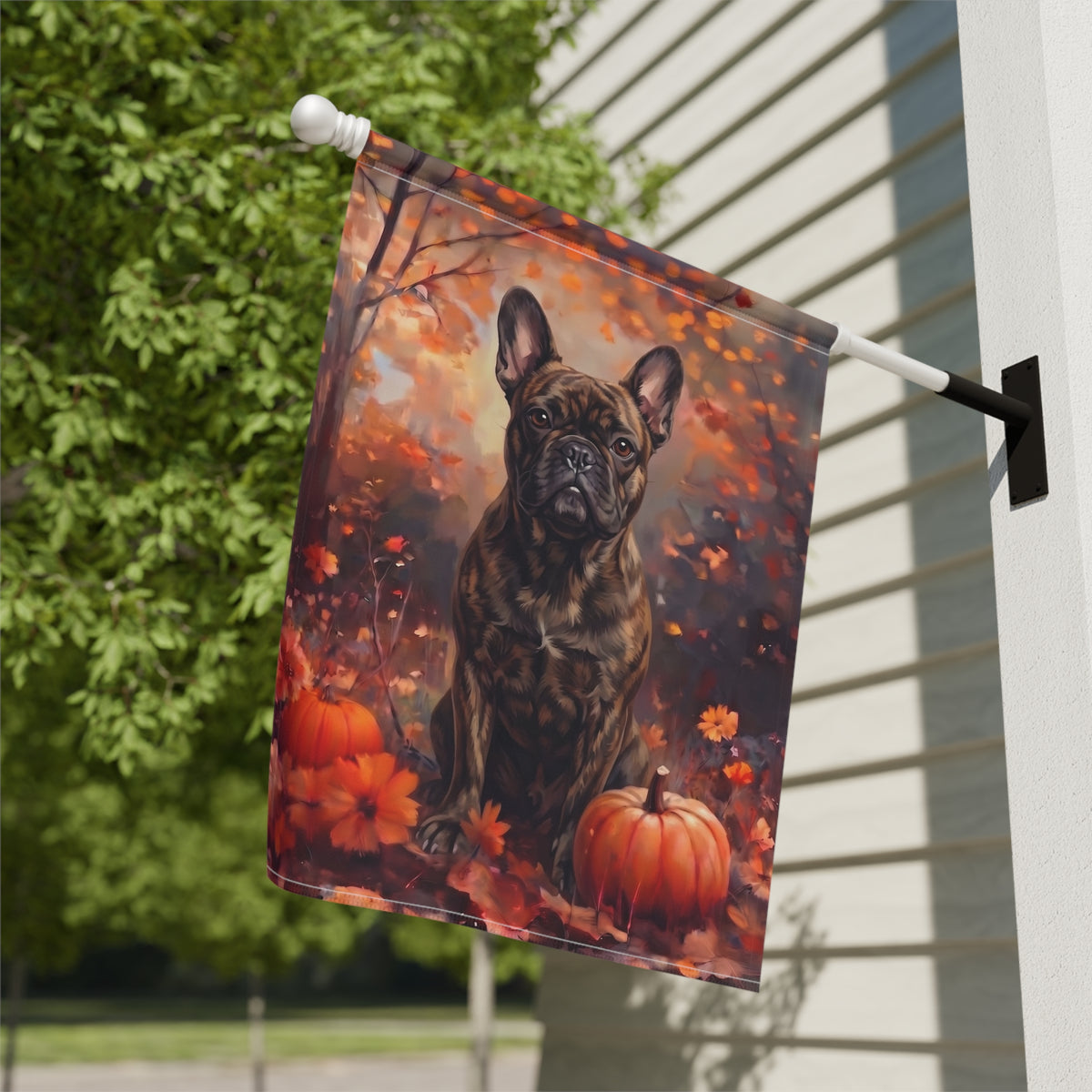 Fall Brindle French Bulldog With Pumpkins Autumn Garden Flag Double Sided