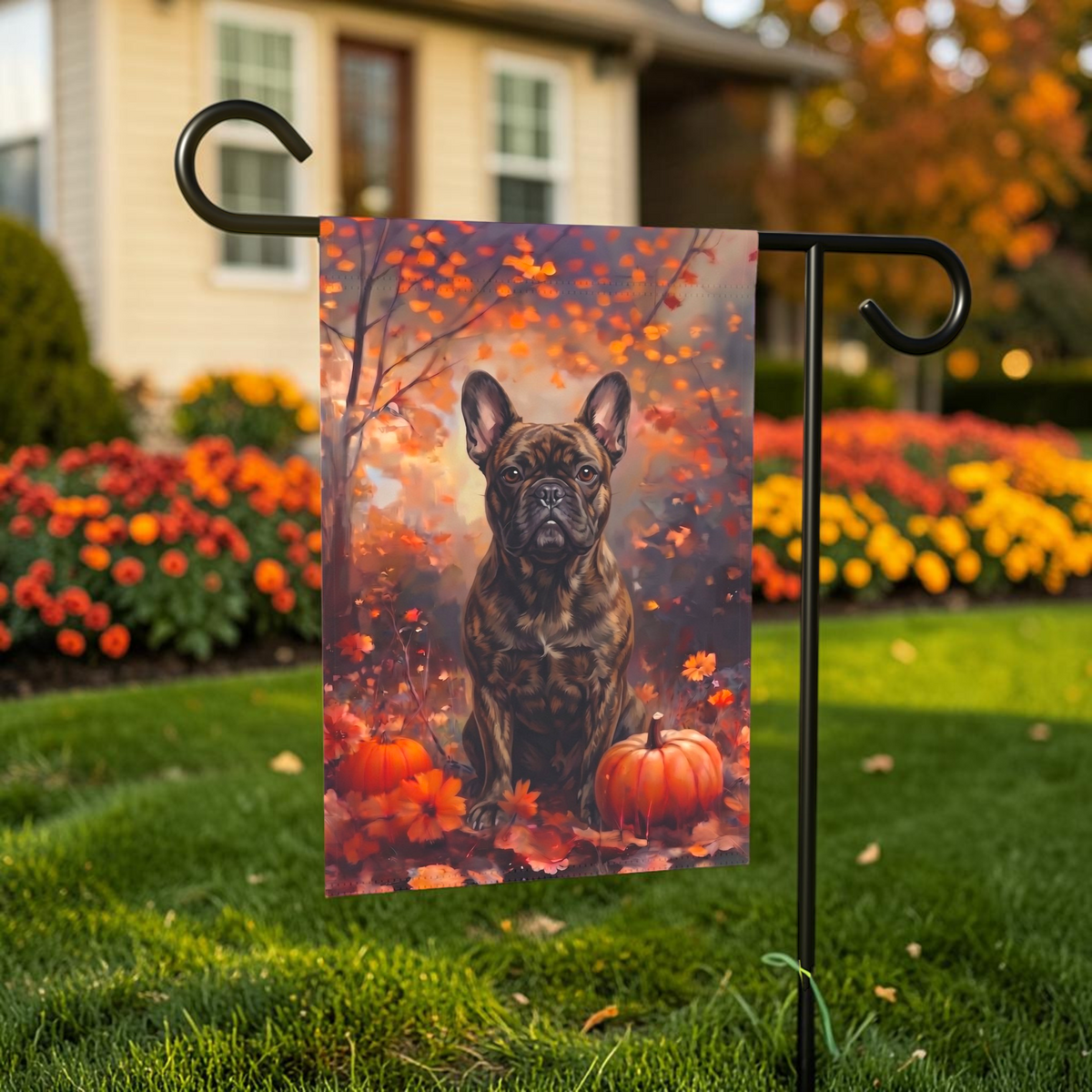 Fall Brindle French Bulldog With Pumpkins Autumn Garden Flag Double Sided