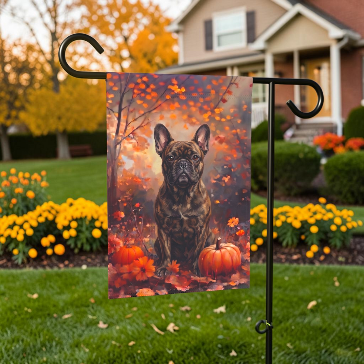 Fall Brindle French Bulldog With Pumpkins Autumn Garden Flag Double Sided