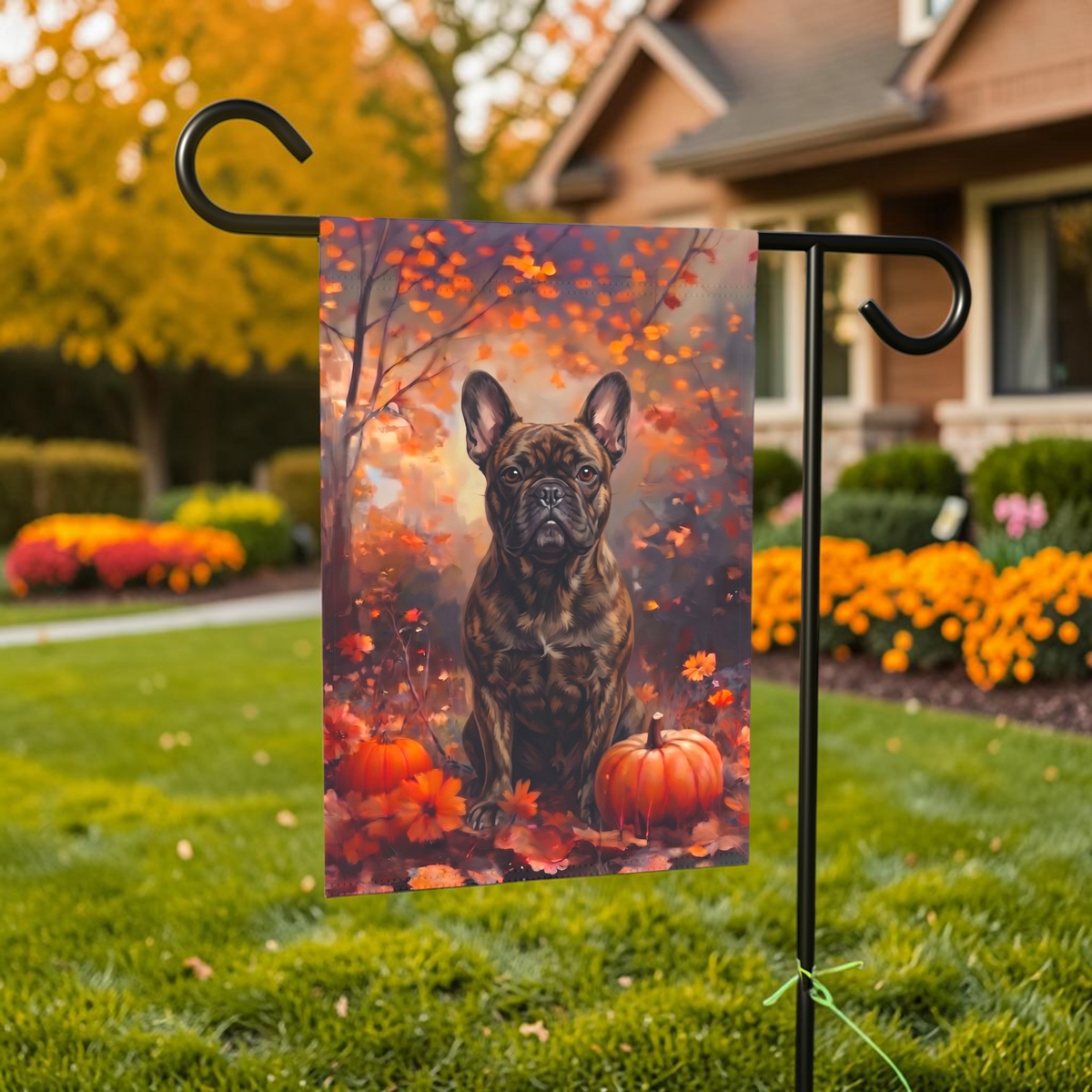 Fall Brindle French Bulldog With Pumpkins Autumn Garden Flag Double Sided