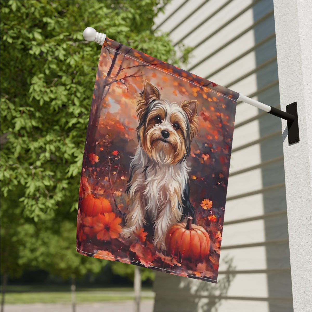 Fall Biewer Terrier With Pumpkins Garden Flag Double Sided 12x18 24x32 Outdoor