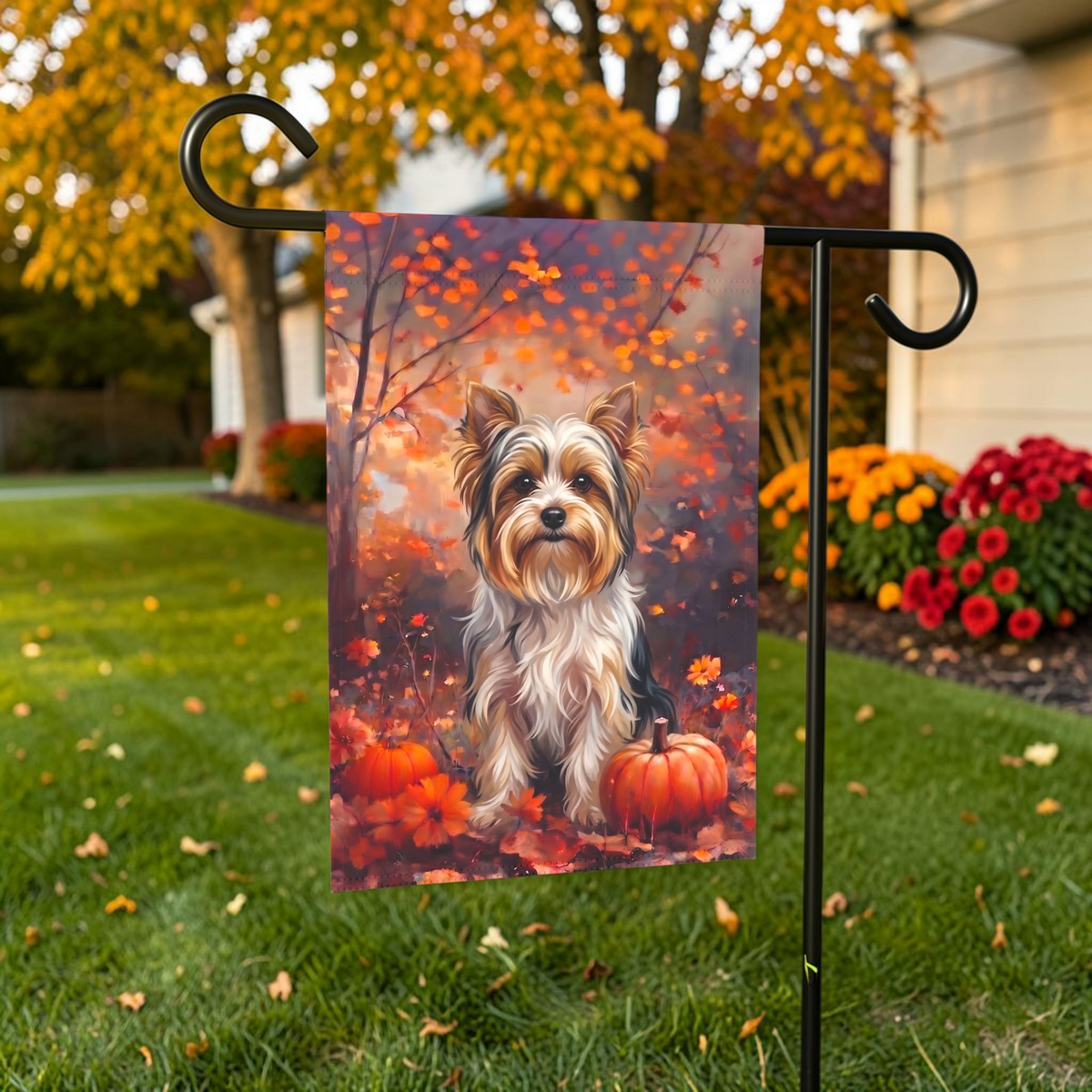 Fall Biewer Terrier With Pumpkins Garden Flag Double Sided 12x18 24x32 Outdoor