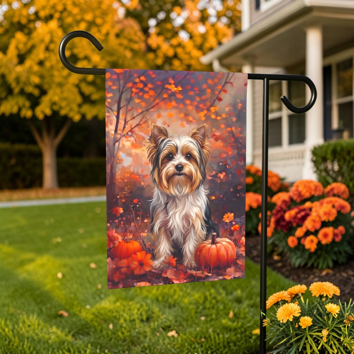 Fall Biewer Terrier With Pumpkins Garden Flag Double Sided 12x18 24x32 Outdoor