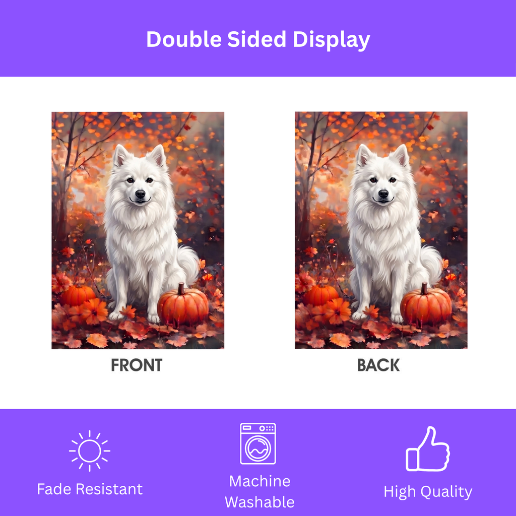 Fall American Eskimo Dog With Pumpkins Autumn Garden Flag Double Sided Outdoor