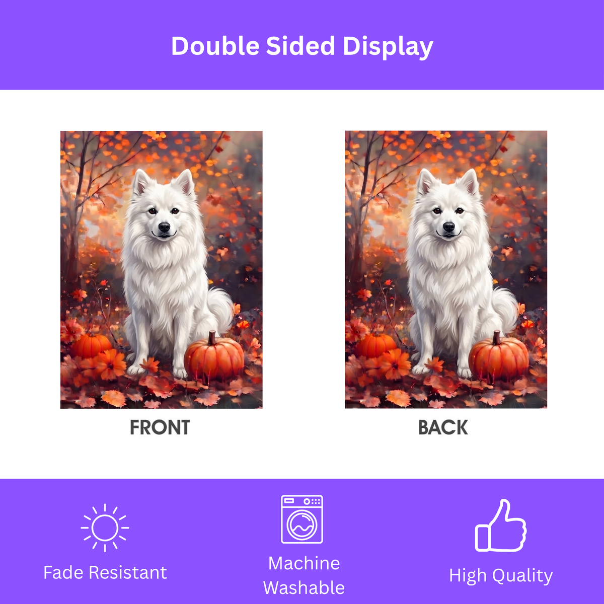 Fall American Eskimo Dog With Pumpkins Autumn Garden Flag Double Sided Outdoor