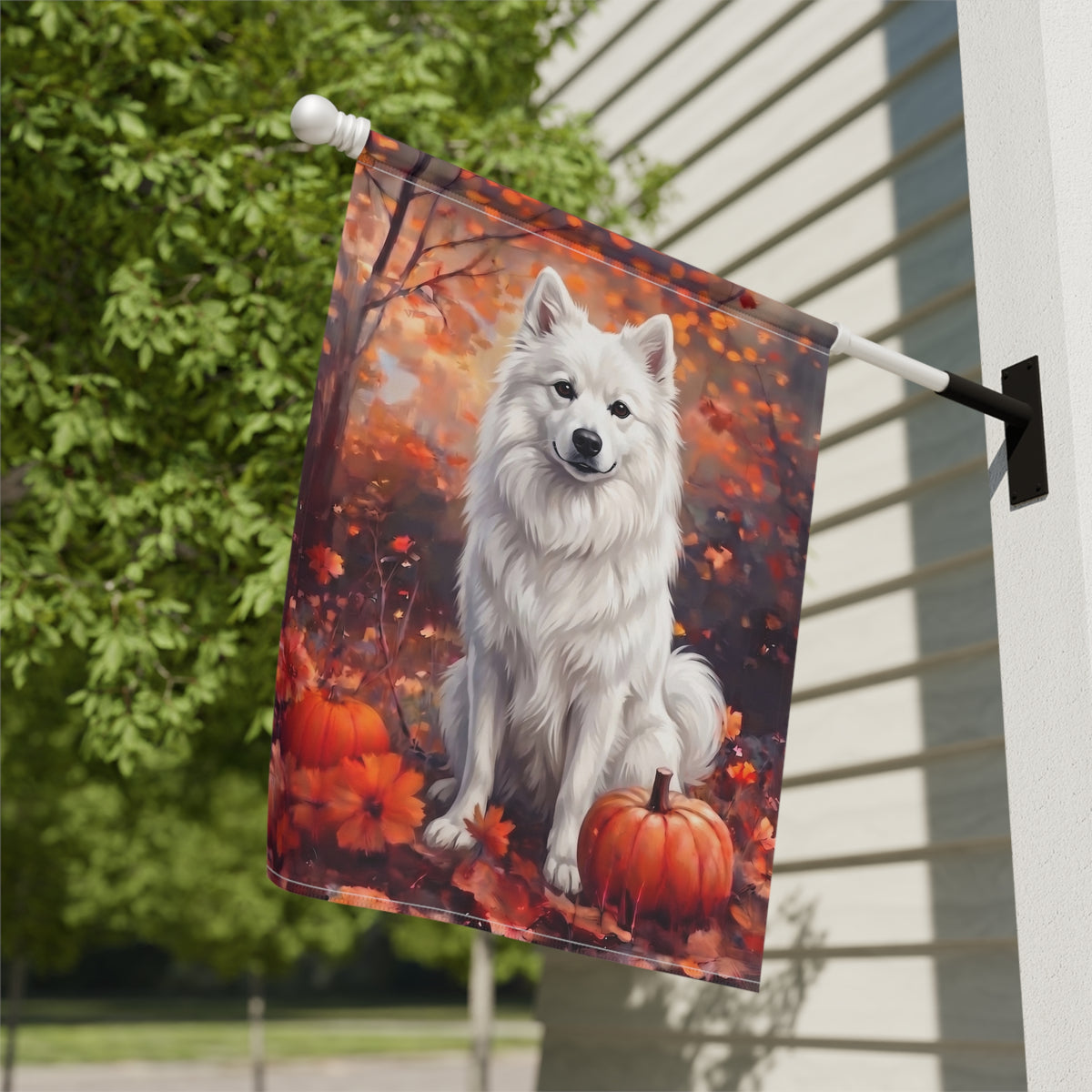Fall American Eskimo Dog With Pumpkins Autumn Garden Flag Double Sided Outdoor