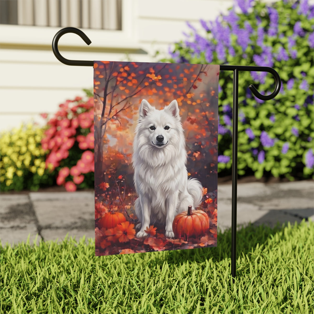 Fall American Eskimo Dog With Pumpkins Autumn Garden Flag Double Sided Outdoor