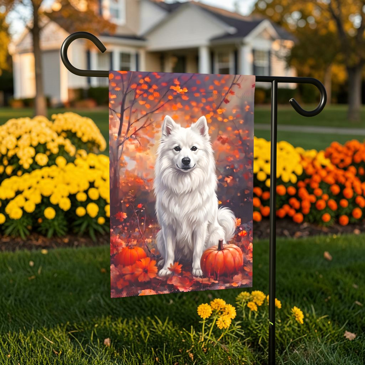 Fall American Eskimo Dog With Pumpkins Autumn Garden Flag Double Sided Outdoor