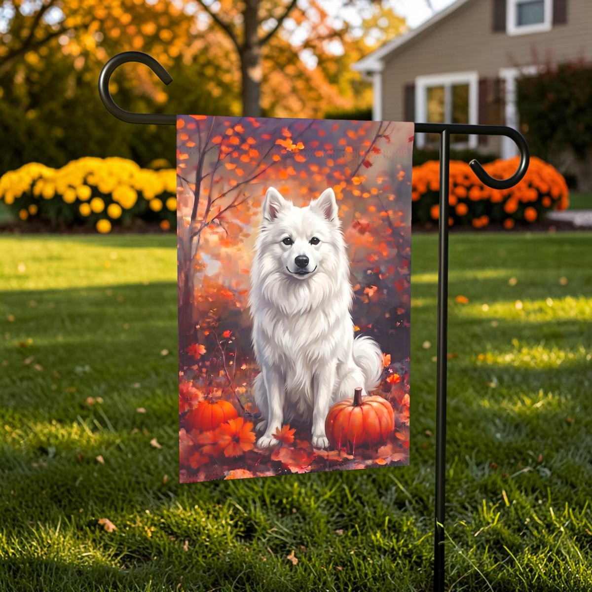 Fall American Eskimo Dog With Pumpkins Autumn Garden Flag Double Sided Outdoor
