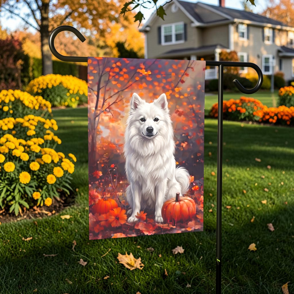 Fall American Eskimo Dog With Pumpkins Autumn Garden Flag Double Sided Outdoor