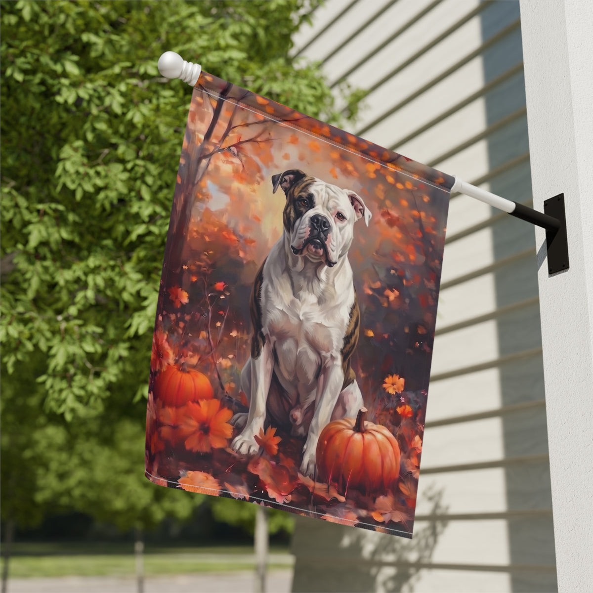 Fall American Bulldog With Pumpkins Autumn Garden Flag Double Sided 12x18 24x32