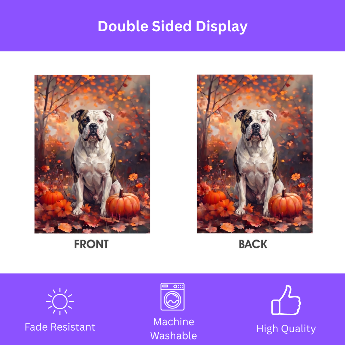 Fall American Bulldog With Pumpkins Autumn Garden Flag Double Sided 12x18 24x32