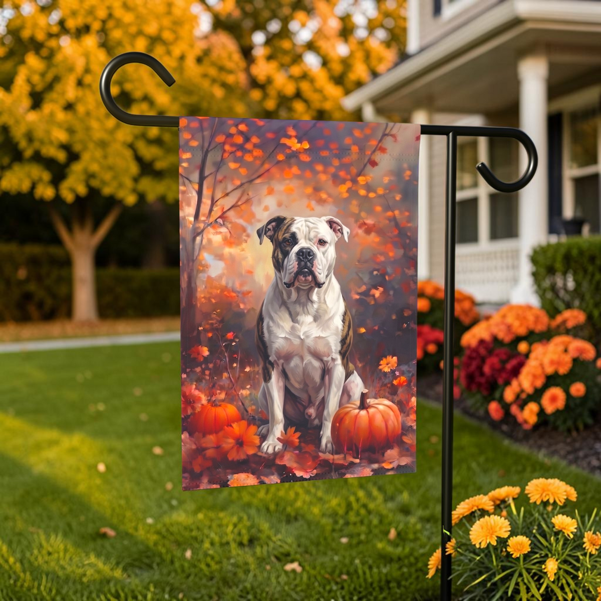 Fall American Bulldog With Pumpkins Autumn Garden Flag Double Sided 12x18 24x32