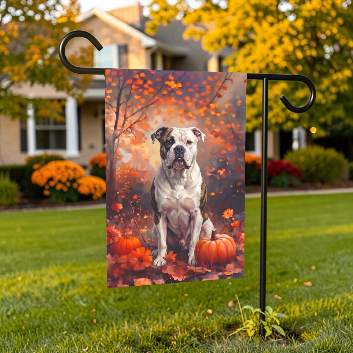 Fall American Bulldog With Pumpkins Autumn Garden Flag Double Sided 12x18 24x32