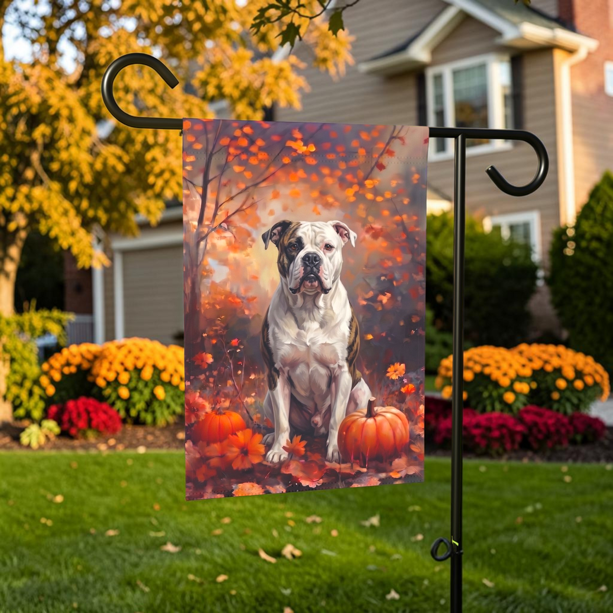 Fall American Bulldog With Pumpkins Autumn Garden Flag Double Sided 12x18 24x32