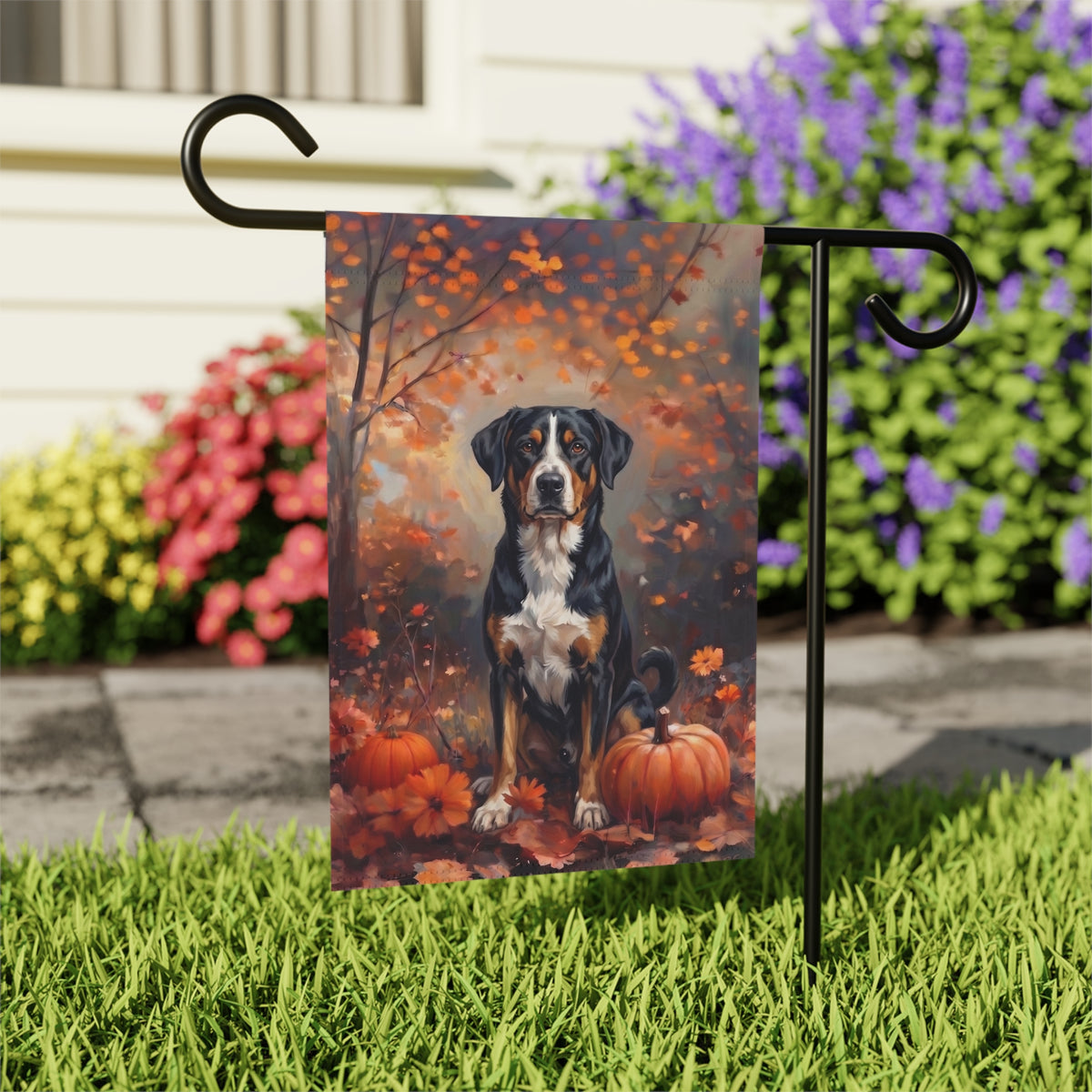 Fall Appenzeller Sennenhund With Pumpkins Autumn Garden Flag