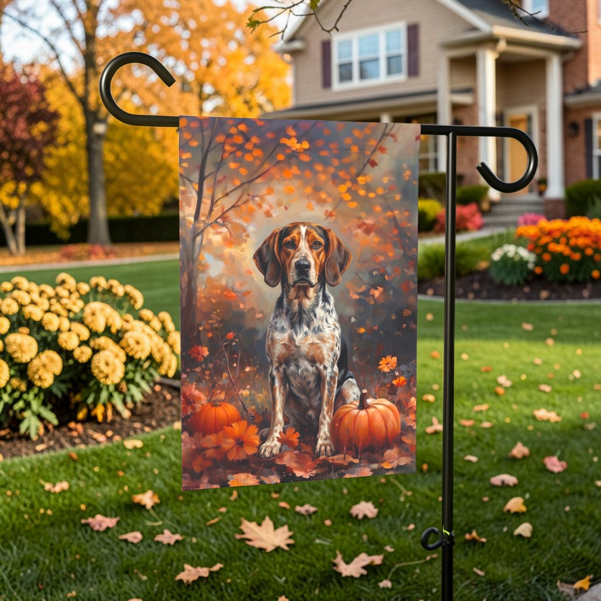 Fall American English Coonhound With Pumpkins Autumn Garden Flag