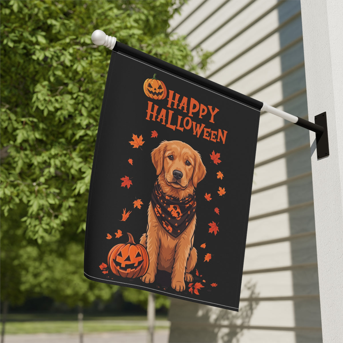 Little Pumpkin And Golden Retriever Puppy Happy Halloween Garden Flag