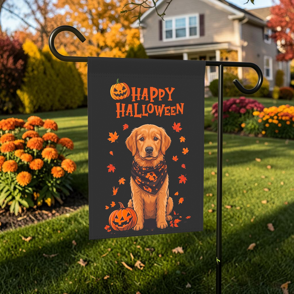 Little Pumpkin And Golden Retriever Puppy Happy Halloween Garden Flag