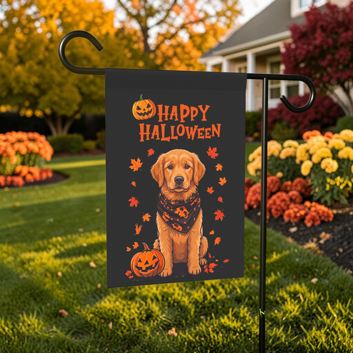 Little Pumpkin And Golden Retriever Puppy Happy Halloween Garden Flag