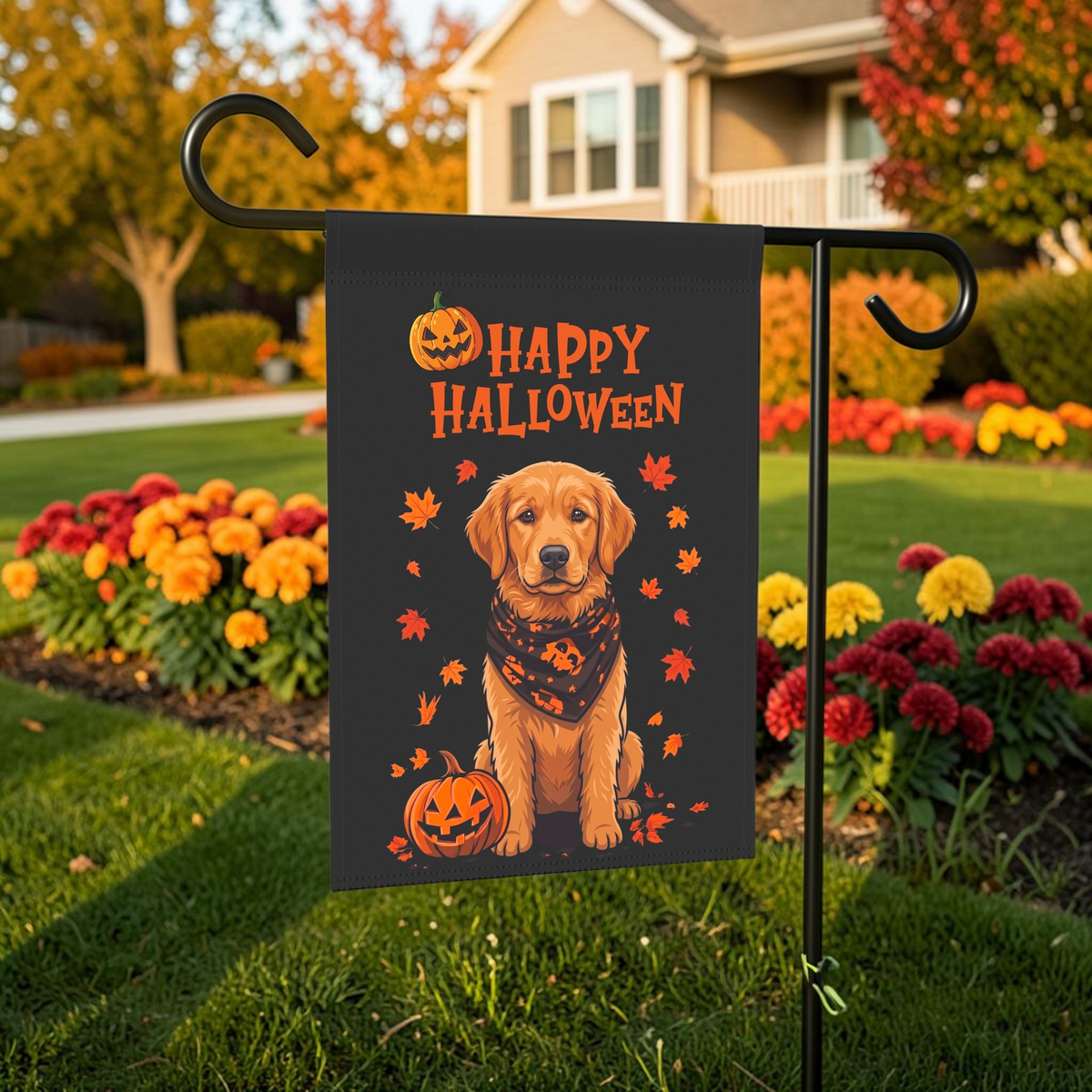 Little Pumpkin And Golden Retriever Puppy Happy Halloween Garden Flag