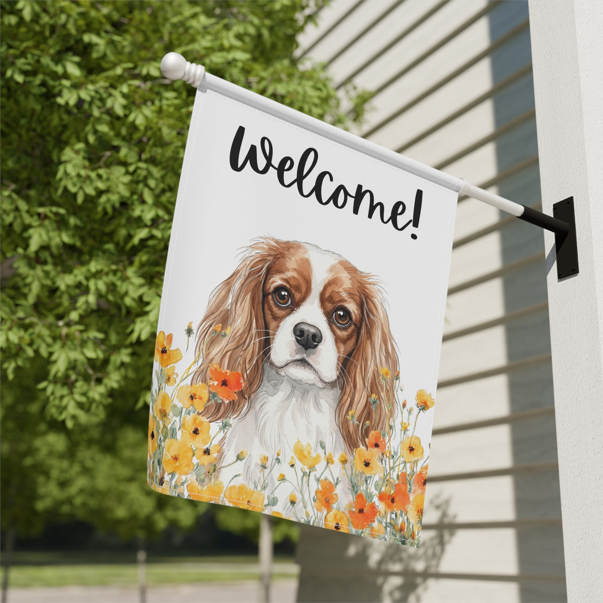 Yellow Poppies Cavalier King Charles Spaniel Welcome Garden Flag