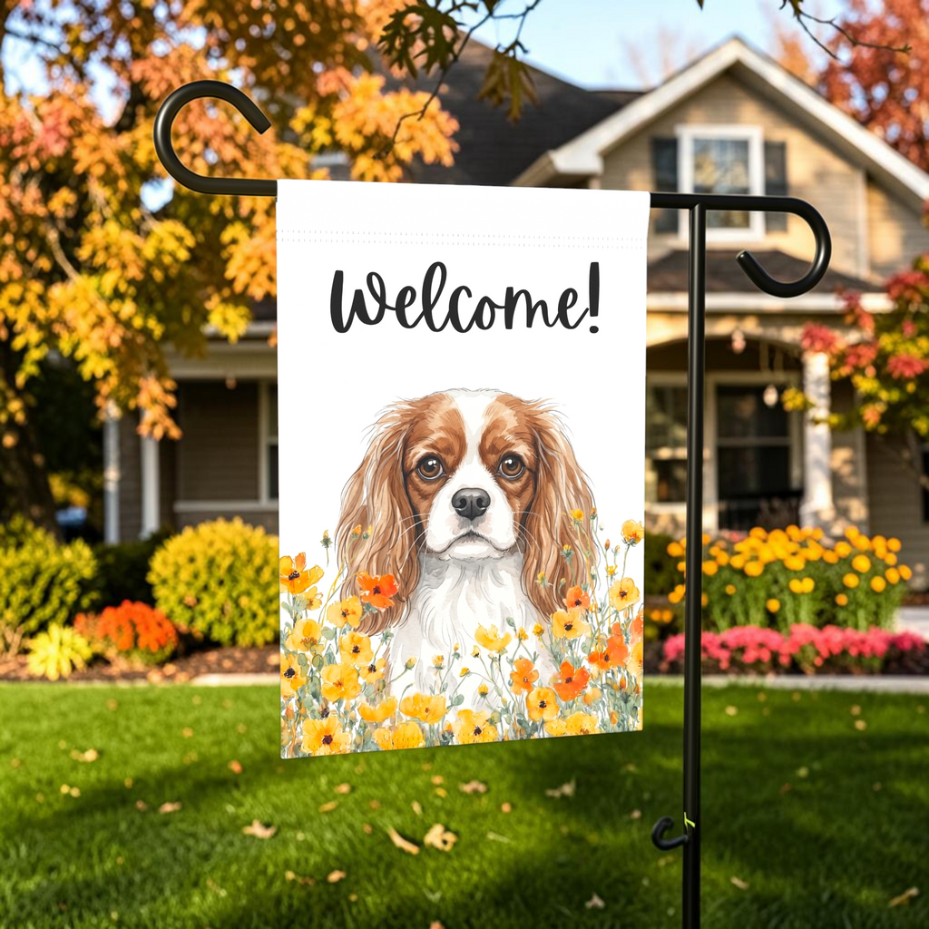 Yellow Poppies Cavalier King Charles Spaniel Welcome Garden Flag
