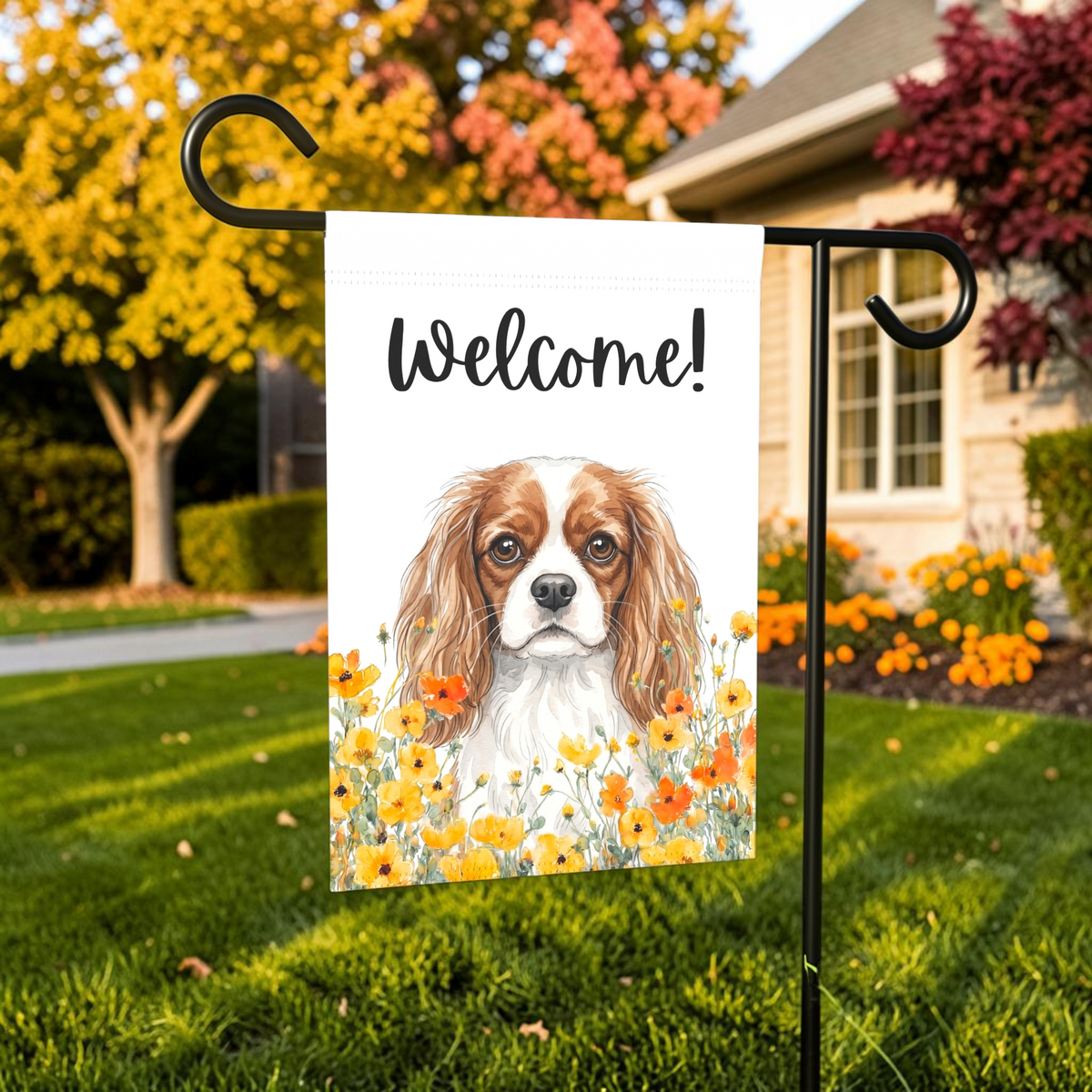 Yellow Poppies Cavalier King Charles Spaniel Welcome Garden Flag